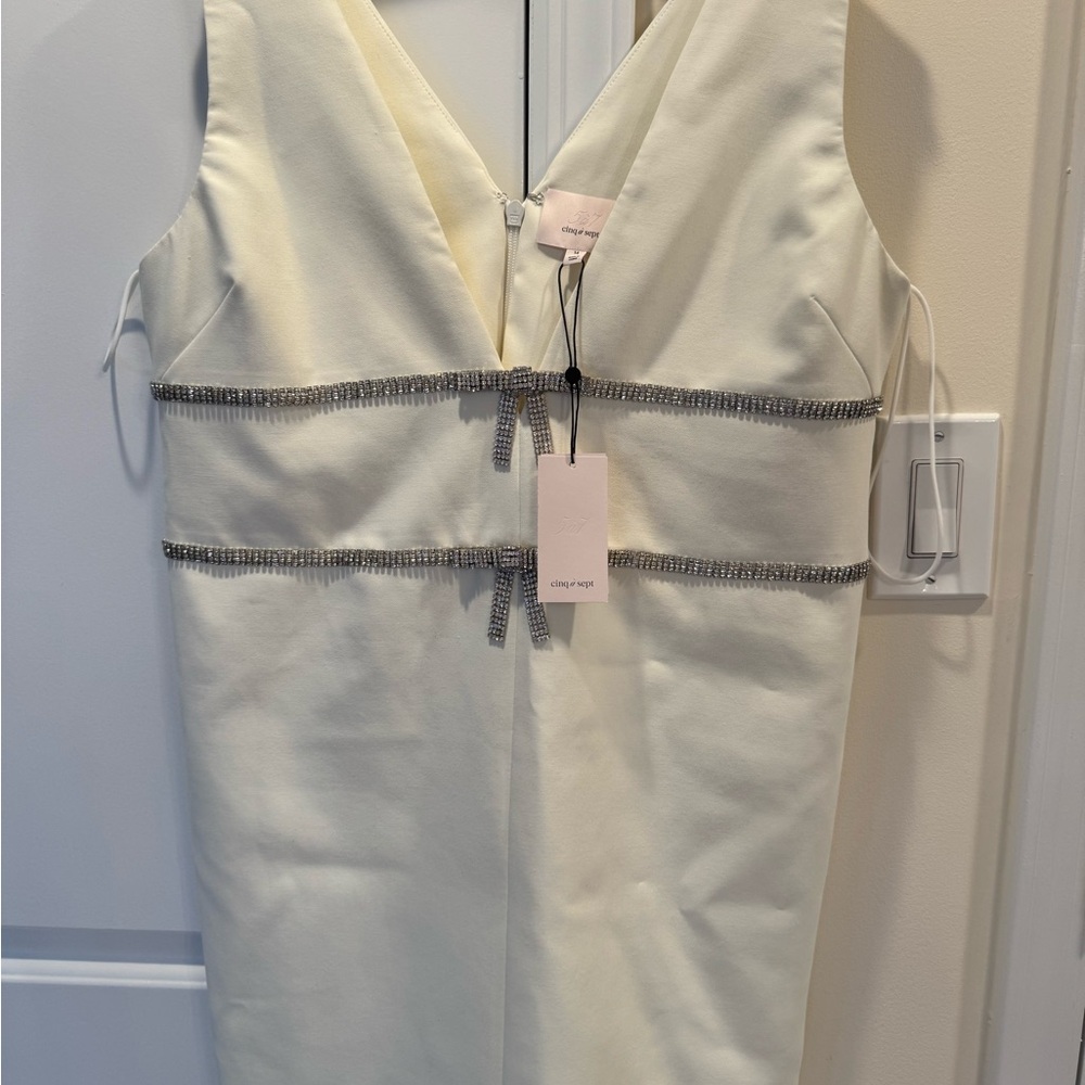 Cinq à Sept Cream Dress with Silver Embellishments